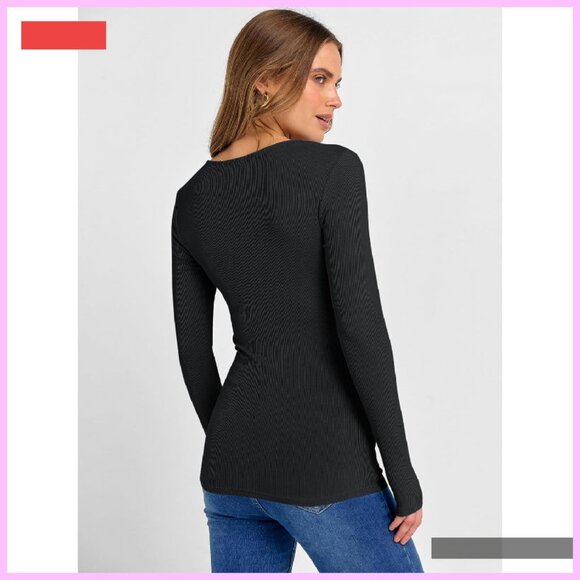 Long Sleeve Ribbed Knit Square Neck Slim Fit Basic Top - Picture 4 of 4
